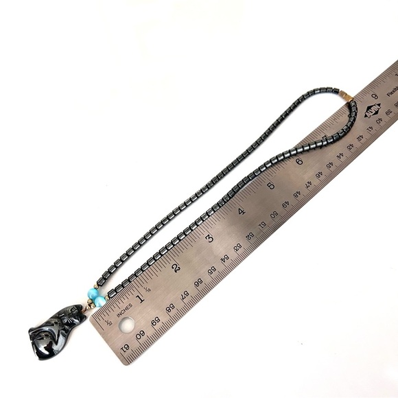 Vintage Carved Stone Cat Pendant Hematite And Blue Cat Eye Beaded Necklace 17” - Picture 9 of 9